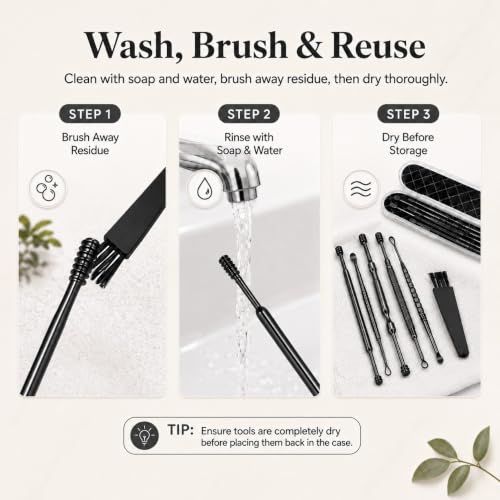 Hion 6 Pcs Ear Wax Removal Kit,Professional Double-Headed Ear Pick Earwax Removal Tools,316L Stainless Steel Ear Cleaner Curette with Cleaning Brush and Storage Box,Suit for Kid Adult(Black) - color: Black