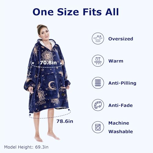 THREE POODLE Wearable Blanket Hoodie for Women, Oversized Sherpa Sweatshirt Blanket for Adults Men, Cozy Hooded Blankets, Gifts for Teen Girls Women Mom Sister - color: Deep Blue Star, size: Adult