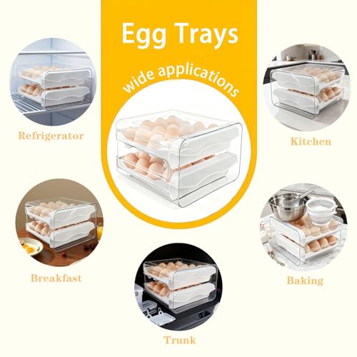 2 Tier 32 Egg Holder for Fridge Egg Organizer Clear Egg Tray | Eggs Storage with Drawer,Eggs Container with Handles,Space Saving,Countertop Kitchen Baking