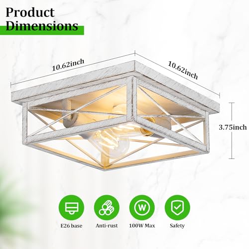 Kondras Antique White Hallway Light Fixture, 2-Light Farmhouse Flush Mount Ceiling Lighting, 1-Pack Metal Kitchen Lighting Fixture, Square Close to Ceiling Lamp for Bedroom Living Room Entryway - color: White, size: 1-Pack