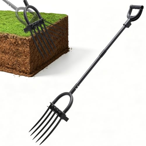 Broad Fork Garden Tool, 50" Heavy Duty Broadfork Hand Tiller with Double 5 Sharp Tines, Garden Pitchfork with Ergonomic D-Shaped Handle, Spading Diggi - size: Broad Fork 50Inch