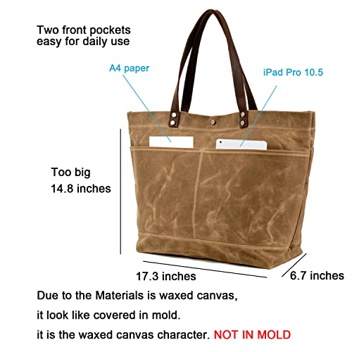 WUDON Waxed Canvas Travel Tote Bag - Extra Large Carryall Shoulder Bag for Women | Travel - color: Khaki