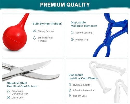 Animal Birth Kit with 15 Umbilical Cord Clamps, Curved Stainless Steel Scissors, Disposable Hemostat & Bulb Syringe, Newborn Delivery Supplies for Puppies, Piglets, Lambs, Calves & Farm Animals