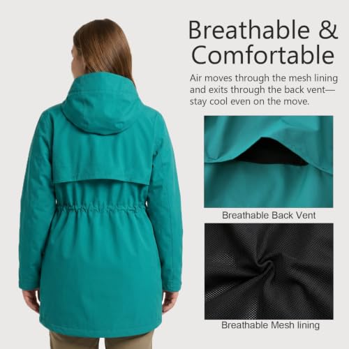 Women's Waterproof Long Rain Jackets Raincoats with Adjustable Hood | Lightweight Outdoor Activities Rain Shell Relaxed Fit Drawstring Waist Windbreaker Breathable Mesh-Lined Trench Coat - color: Teal Green, size: Small