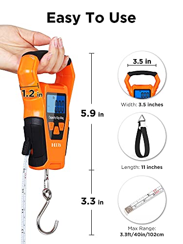 HEETA Waterproof Fish Scale Digital Hanging Fishing Luggage Weight Scale | Up 110lb/50kg Portable Scale with Backlit LCD Display, for Home & Outdoor, Measuring Tape and 2 AAA Batteries Included - color: Orange