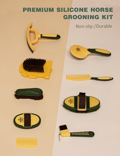 11-Piece Horse Grooming Kit with Waterproof Tote Pasture Glow | 10 coordinated horse grooming tools with comfort-grip designs and a spacious waterproof tote for complete horse grooming - color: Pasture Glow