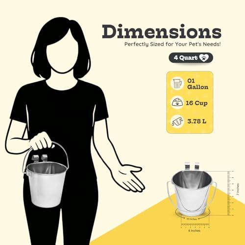 4 Quart Stainless Steel Flat Sided Bucket with Dual Hooks | 1 gal Durable Food & Water Bowl for XL Dogs, Cats, Goat & Livestock | Fits kennel Cage Critter Crate | Hanging Utility Pet Pail - size: 4 Quart
