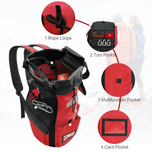 AOLEBA Arborist Rope Storage Bag Tree Climbing Rock Rope Bucket Backpack Rope Storage Bag Large Capacity 1680D Thicken Nylon Material with Hand Straps, Side Pockets - color: Red