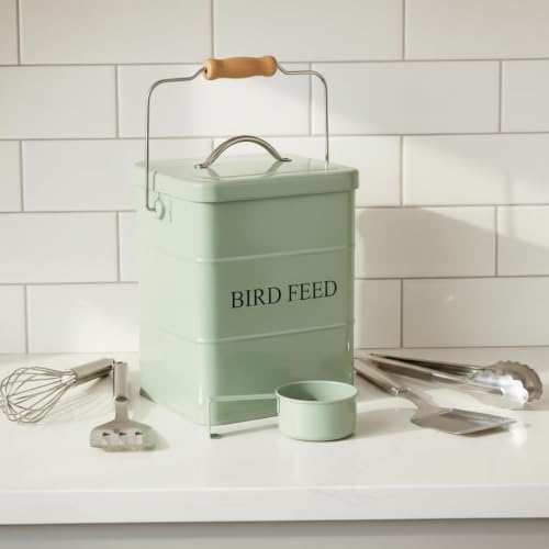 Morezi Bird Seed Storage Container Metal, 6 Lbs Airtight Bird Food Tin | Outdor Wild Bird Seed Container Canister w/ Scoop/Wooden Handle , Sturdy and Squirrel-proof, Keep Sunflower Seed Fresh-Green - color: Green