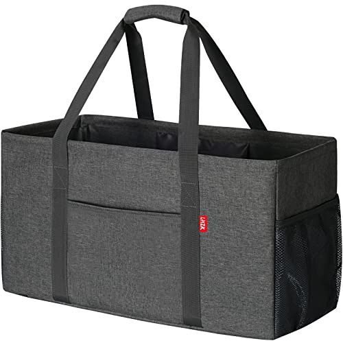 LHZK Standing Extra Large Utility Tote Bag with Metal Wire Frame and the Sides Rinforced, Extra Large Tote Bag with Handle, Reusable Grocery Bags Foldable, Beach Bag, Car Tote (Grey) | Metal Wire Frame - color: Dark Gray, size: 22.5''x10.5''x12''-1 Pack
