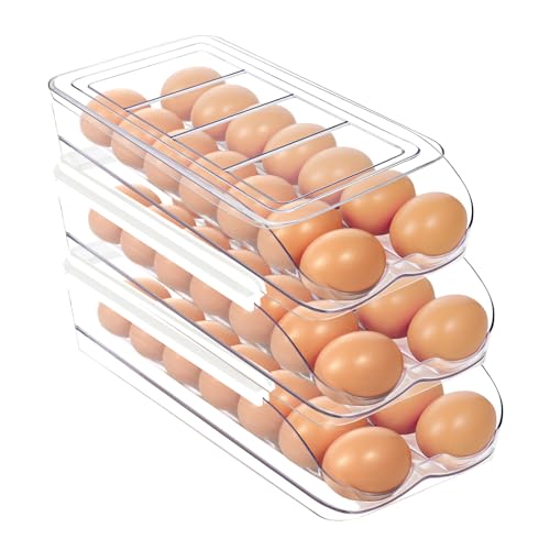 MesRosa Egg Holder for Fridge, Automatic Rolling Egg Organizer -3 Layer | Stackable Clear Egg Container & Tray for Refrigerator, Durable Dispenser and Storage with Sturdy Lid to Saving Space - size: 3 Layer Holder 42 Eggs