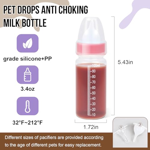 Puppy Kitten Nursing Bottle 3.4oz - Small Animal Feeding Kit with Nipples | Hand Feeding Supplies for Puppies, Kittens, Rabbits, Ferrets & Newborn Pets - color: Transparent