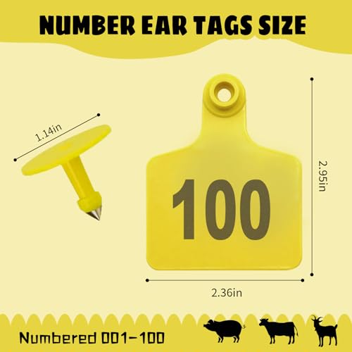 100 Pack Cattle Ear Tags Numbered 001-100 Livestock Tagging Kit, Plastic Identification Tags for Cows, Calves, Sheep, Goats, Hogs, Complete Set with Tagger Tool