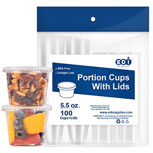 [5.5 OZ, 100 Sets] Clear Disposable Plastic Portion Cups with Leakproof Lids | Jello Shot Condiment and Dipping Sauce Cups | Souffle Cups | BPA Free | Recyclable - style: 5.5 OZ