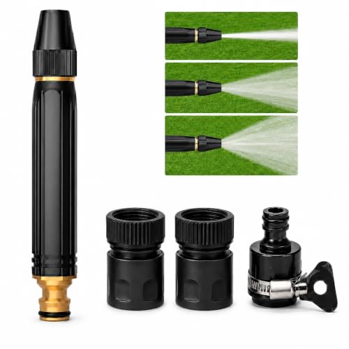 Heavy Duty Adjustable Twist Hose Nozzle, High Pressure Water Hose Nozzle with 2 Standard 3/4" GHT Adapters, Metal Jet Sweeper Spray Nozzle for Garden Hose, Car Wash, Patio and Lawn