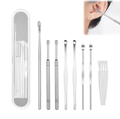 8 Pcs Ear Pick Earwax Removal Kit, Ear Cleaning Tool Set, Ear Cleaner Curette Ear Wax Remover Tool with a Cleaning Brush (Sliver) - color: Sliver