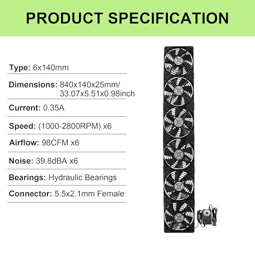 6x140mm PC Vent Cooling Fans with Magnetic Screws Kits and Adjustable Speed | Flexible 840mm 33.07inch Multi-Fan Cooling Fan Set with Magnetic Screws for Cabinet, Server, GPU Mining Rig, Chicken Coop