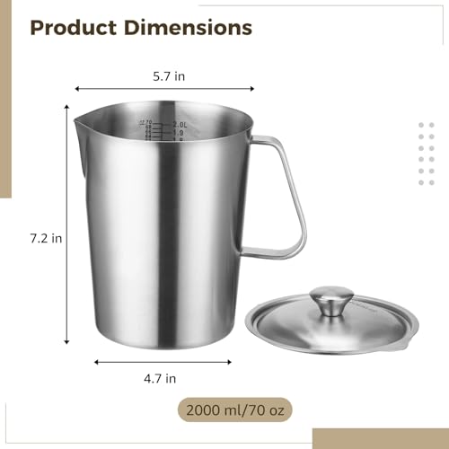 Stainless Steel Pitcher with Lid, 2 L/70 oz Measuring Cup with Dual-Scale Markings, Milk Frothing Jug, Large Beaker for Espresso Machine, Hot/Cold Water, Latte Art, Iced Tea, Coffee Drinks