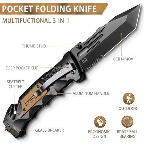 NedFoss Pocket Folding Knife DA75, 3 in 1 Pocket Knife Gifts for Men Women, Survival Knife with Liner-Lock Belt Clip, Seat Belt Cutter, Glass Breaker, Hunting knife for Camping Hiking (Black-Standard Tanto Edge, 3.9“Tanto Edge) - color: Black-Standard Tan