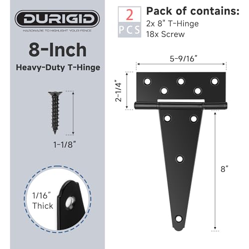 2 Pack 8 Inch T Hinge, Heavy Duty Hinges for Wood, Gate Hinge, Shed Door Hardware, Fence Hinges for Outdoor Gates, Barn Door, Ideal Outdoor Useage - size: 8 Inch