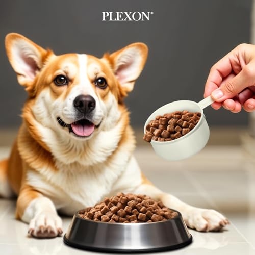 Plexon Metal Dog Food Storage Container with Scoop - Small Dog Food Container 10lbs Holder Treat Jar Bin with Lid - Pet Chow Storage Canister Tin, 2 Gallon, Off-White - color: Off-white, 2 Gall Capacity