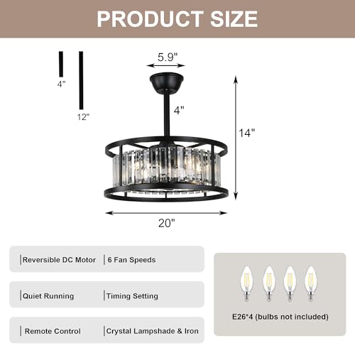20" Crystal Ceiling Fan with Lights Caged Fandelier Ceiling Fan | Modern Crystal Chandelier Light for Bedroom Nursery Living Room, Remote Control Reversible 6 Speed 4 E26 Bulbs (Not Included) - color: Crystal Cage
