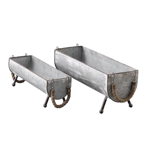 SOFE Poultry Feeder Galvanized Metal Chicken Feeder Set of 2 | Farmhouse Chicken Picnic Table Feeder, Chicken Planter, Decorative Galvanized Tray Trough Shaped, 15 and 13 Inches Long