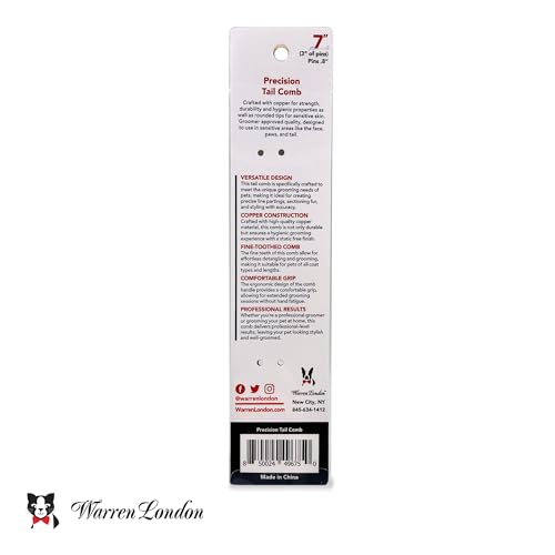 Warren London Precision Tail Comb made with Copper | 7 inches | Rounded Tips Prevent Irritation | Finishing and Fluffing Comb for Grooming Paws Face and Tail | Tear Stain Removal - style: Precision Tail Comb