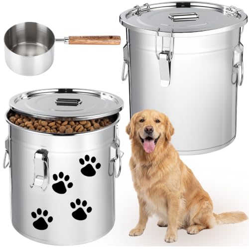 Lounsweer 2 Pack Stainless Steel Dog Food Storage Container with Lid and Locking Clamp Metal Airtight Container Large Stainless Steel Bucket with Food Scoop for Pet Feed(12 L) - size: 12 L