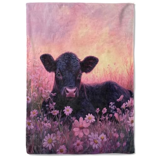 Cute Cow Flower Fleece Blanket,50x60in,Black Calf with Sunset and Pink Floral Throw Blankets,Soft Lightweight Country Throws for Bedroom Picnic Farmhouse Decor,Girls Farm Animal Lovers Gifts - color: Calf, size: 50x60 Inch