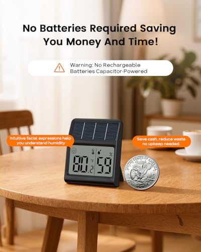 Digital Indoor Thermometer & Hygrometer, Light Powered (No Rechargeable Batteries Runs Only on Real-time Light Exposure) Solar Indoor Temperature and Humidity Monitor, Humidity Gauge - color: Black