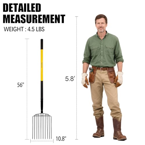 Nohovu Heavy Duty 10 Tine Pitchfork with Fiberglass Handle, 56 Inch Garden Fork for Hay, Compost, Mulch & Yard Work