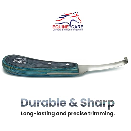 Left-Handed Narrow Farrier Hoof Knife, Horses, Ponies, Minis | Narrow hoof knife for detail trimming; J2 stainless steel blade; smooth blue layered handle; right- or left-handed - style: Left-Handed