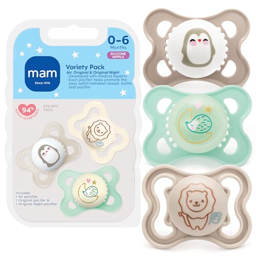 MAM Pacifier 0-6 Months Variety Pack, BPA-Free, Silicone Nipple, 3 Pack - color: Pale Mint/Cotton/Shell, size: 3 Count (Pack of 1)