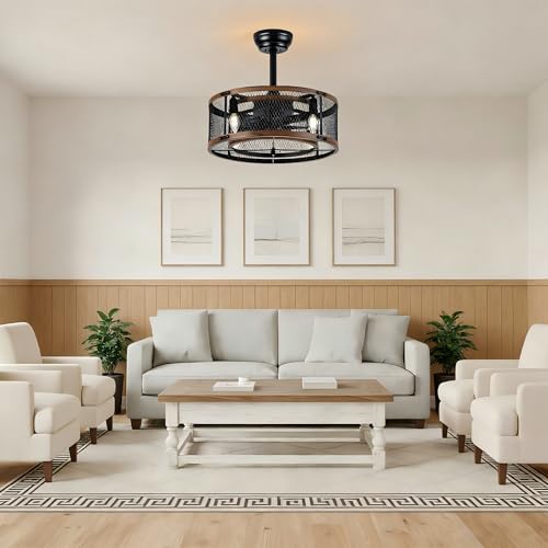 19" Modern Fandelier Ceiling Fan with Lights Remote Black Caged | Chandelier Ceiling Fan Industrial Fandelier for Bedroom Living Room, Reversible DC Motor 6 Speeds, 4 E12 Bulbs (Not Included) - color: Mesh Cage