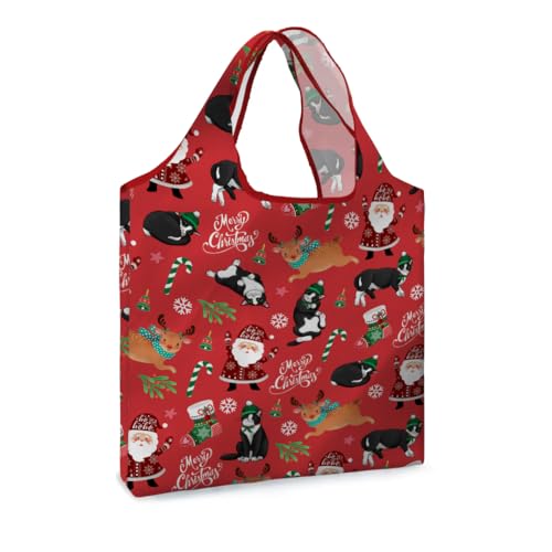 WIRESTER Reusable Grocery Tote Bag for Women, Foldable Shopping Bag, Cute Shoulder Bag, Beach Bag - color: Merry Christmas Black White Tuxedo Cat Playful