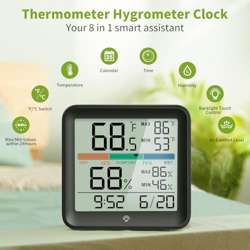 Indoor Digital Thermometer Hygrometer, Room Temperature Humidity Monitor | Accurate with Calibration, Backlight, Air Comfort Indicator, 24H Max Min Records, Time, Date (AAA Batteries Included) - color: Black
