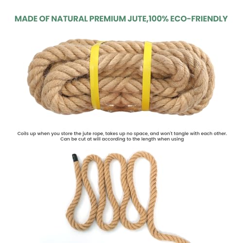 Natural Jute Rope, Heavy Duty Thick Rope, 1 in x 25 ft | For indoor and outdoor crafts, nautical rope decor, railings, hammocks, swings, gardening and tug of war - size: 1 in x 25 ft