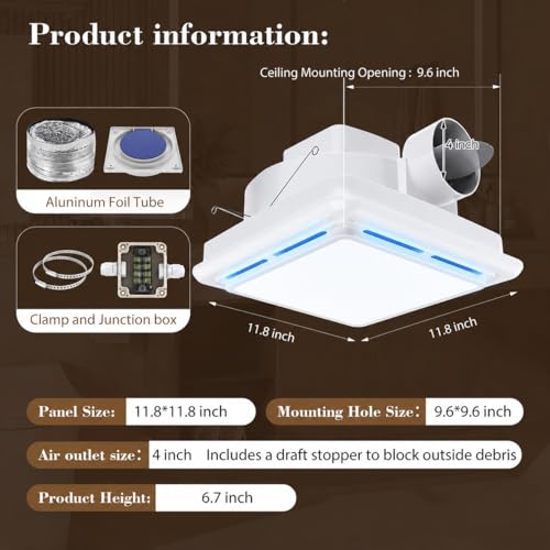 Ultra Quiet Bathroom Exhaust Fan with Light, 120 CFM, 1.0 Sones | 1000 Lumens LED Light, Easy Installation, Energy-Efficient Design, 10" × 10" Ceiling Mount