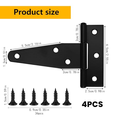 T Strap Hinges Heavy Duty, Shed Door Gate Hinges(Black) | 3 inch t hinges Heavy Duty Black Outdoor Tee Hinge for Wooden Fences, Barn Door Gates Hinge for Shed Door Hardware - size: 4 Pcs *3 inch