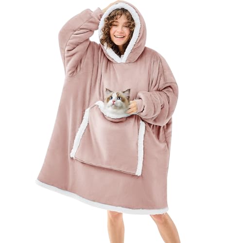 JOYWOO Pink Wearable Blanket Hoodie,Oversized Cat Lovers Sweatshirt Blanket for Adult,Birthday Gifts for Women,Mom,Girlfriend,Cozy Hooded Blanket with Giant Pocket and Winter Gifts,Dusty Pink Standard - color: Dusty Rose, size: Adult