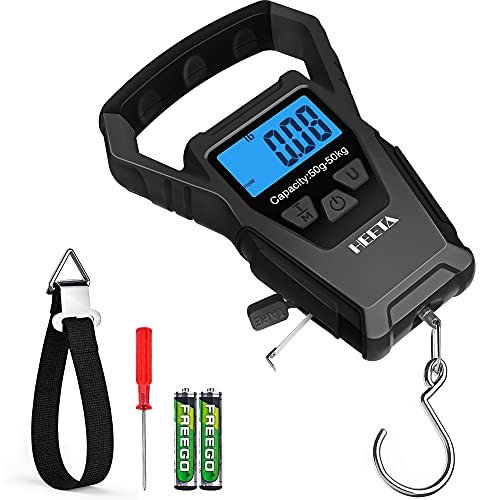 HEETA Waterproof Fish Scale Digital Hanging Fishing Luggage Weight Scale | Up 110lb/50kg Portable Scale with Backlit LCD Display, for Home & Outdoor, Measuring Tape and 2 AAA Batteries Included - color: Black