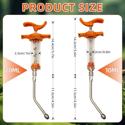 2Pcs Reusable Goat Drench Syringe with 2 Detachable Metal Drench Nozzles | Adjustable Dosage Drench Gun for Sheep, Pig, Cattle, Dog, Cat, Goat Feeding,Livestock Supplies 10ml and 20ml