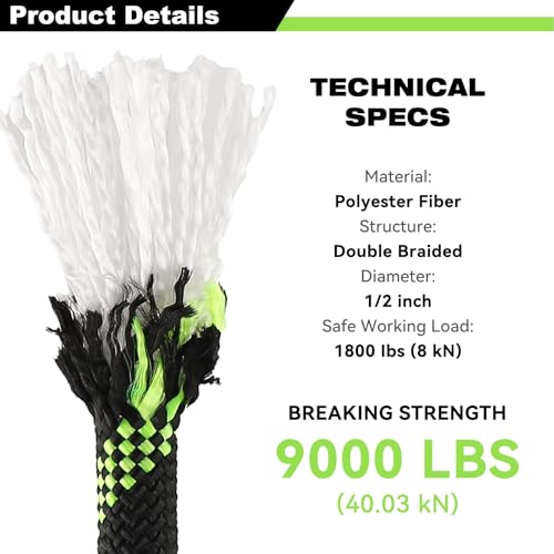 1/2 Inch Arborist Rigging Rope (100 Ft) - Black Double Braid Polyester Tree Rope & Bull Rope, Heavy Duty Pulling Line - 48 Strand High Tensile Strength - size: 1/2 In x 100 Ft, style: Black