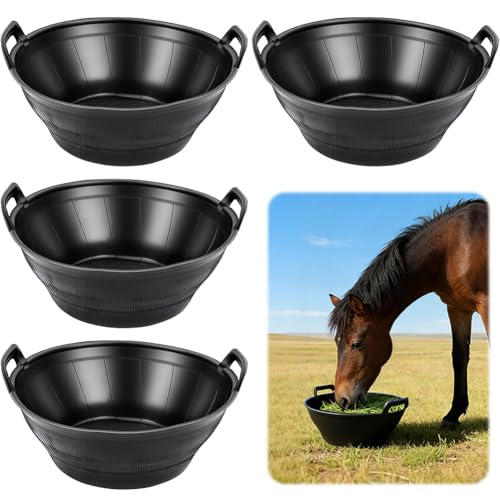 4Pcs Rubber and Plastic Feed Pan with Handle, 3 Gallon / 12 Quart | Plastic Feed Pan Utility Horse Feed Bucket for Cats Dogs Goats Chicken Dust Bath Container Animal Feeding Watering Bowl