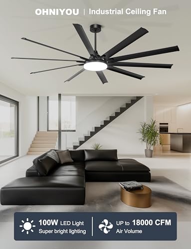 Ohniyou 96" Industrial Ceiling Fan with Bright Lights, High CFM Shop Fan | Remote/App Control, 10 Aluminum Blades, Extra Large Metal Fan for Covered Patio, Gym, Warehouse, Black - color: Black, style: With Light