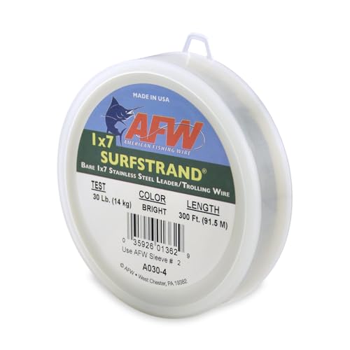 American Fishing Wire Surfstrand Bare 1x7 Stainless Steel Leader Wire - Fishing Leader Line for Saltwater, 20lb Test - 325lb Test in Bright, Camo in 30ft, 300ft, 600ft and 1,000ft Lengths - color: Bright, size: 30 lb / 300 ft