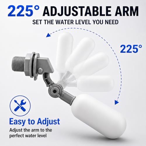 2 Pack 1/2 Inch Straight Thread Auto Fill Float Valve, Automatic Water Level Control Valve with 225° Adjustable Arm for Water Tank, Pond, Chicken Waterer, Livestock Trough