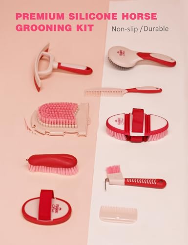 11-Piece Horse Grooming Kit with Waterproof Tote Pink Garnet | 10 coordinated horse grooming tools with comfort-grip designs and a spacious waterproof tote for complete horse grooming - color: Pink Garnet