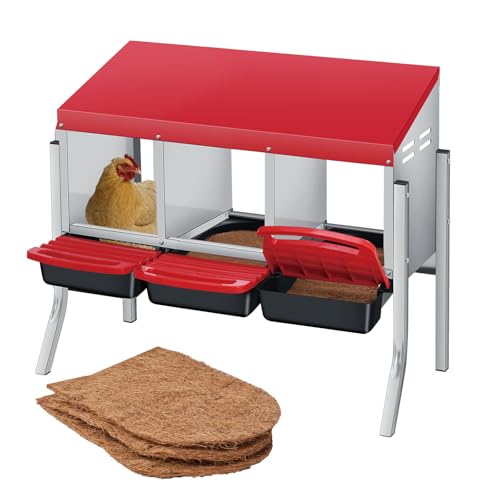 Chicken Nesting Box, 3-Hole Wall Mount Metal Chicken Nesting Box with Rollout Egg Collection & Easy-Clean Pull Out Tray, Roll Away Hen Roosting Boxes